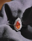 Pear Shape Deep Orange Spessartite Garnet Diamond Halo Gold Aura Ring