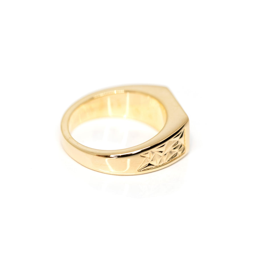 side view of edgy men gold ring made in montreal custom made by artisan the designer bena jewelry on a white background