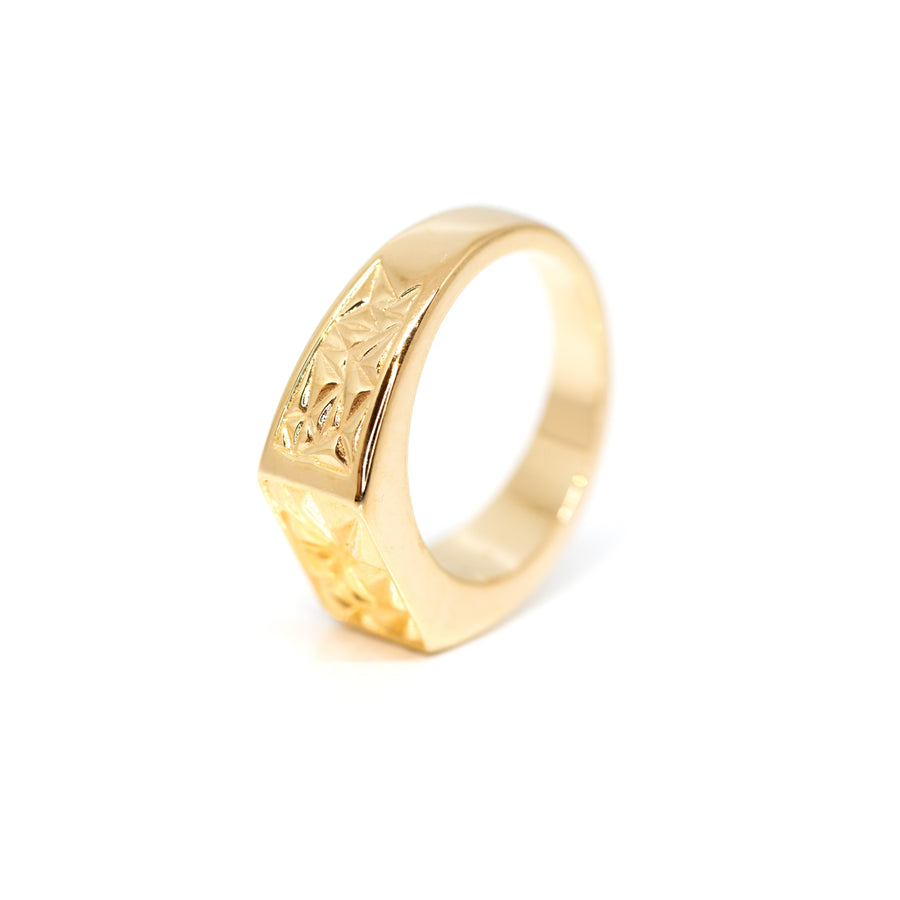 side view of vermeil gold edgy men ring made in montreal by bena jewelry designer on a white background