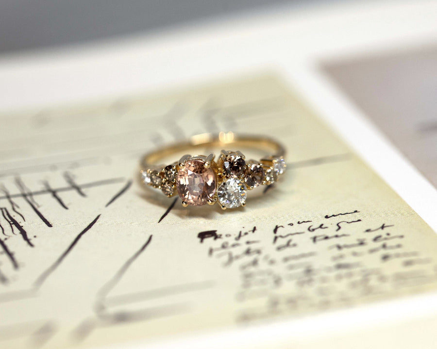 top view of custom made bridal bena jewelry engagement ring brown gemstone diamond oval shape peach zircon ruby mardi montreal bridal engagement ring designer canada