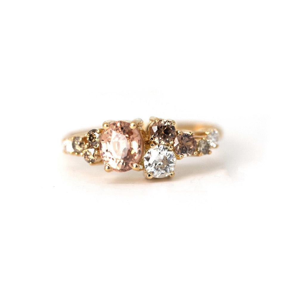 white background yellow gold ring with brown gemstone and white diamond ruby mardi bridal bena jewelry