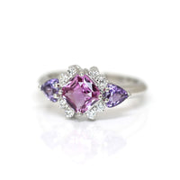 pink sapphire diamond engagement platinum ring custom made in montreal by bena jewelry design on a white background