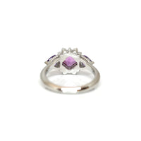 back view of platinum custom made ring pink sapphire and purple trillopn gemstone bespoke edgy design on a white background