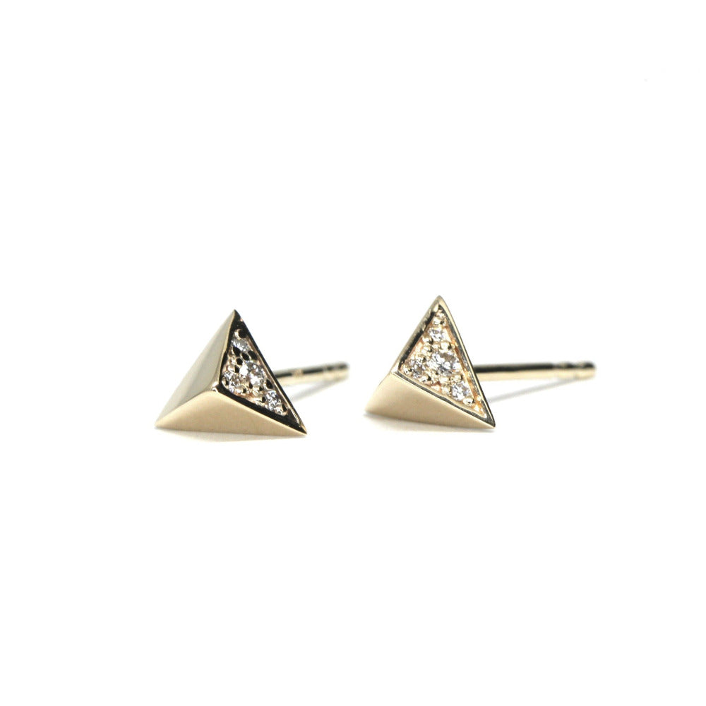Small diamond yellow gold stud earrings, Fancy Edgy Collection. Made by the indepandant designer Bena Jewelry, in Montreal.