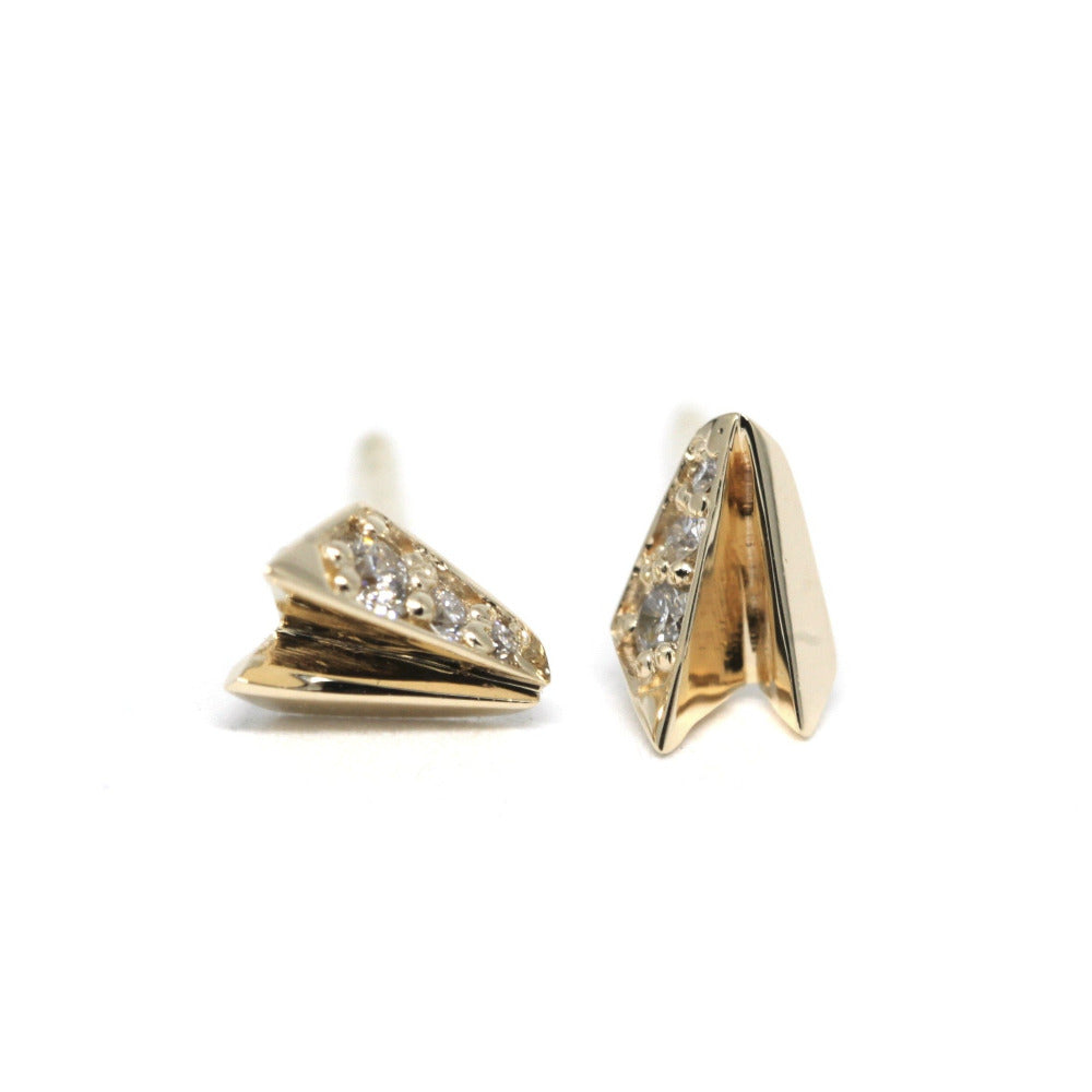White Diamond Edges Studs in yellow gold, featuring minimalist white diamond design by Bena Jewelry in Montreal.