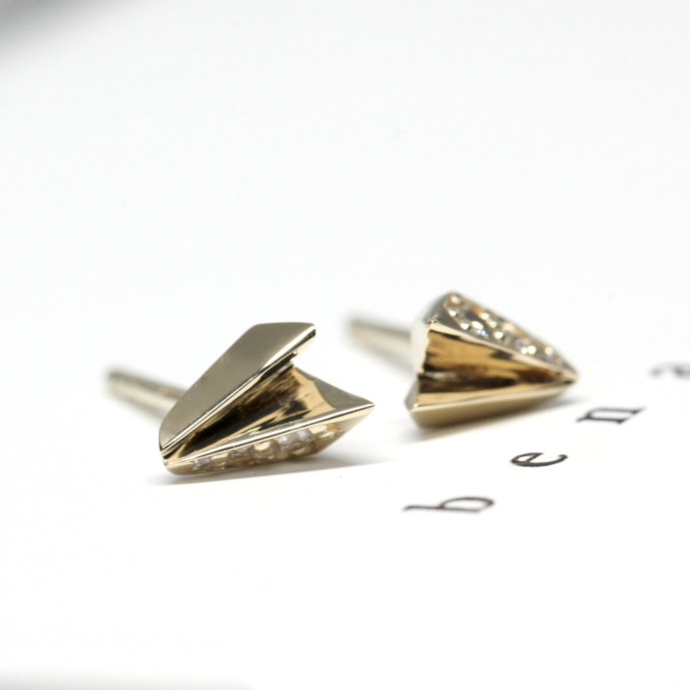 White Diamond Edges Studs in yellow gold, worn for a minimalist and sophisticated look, crafted by Bena Jewelry.