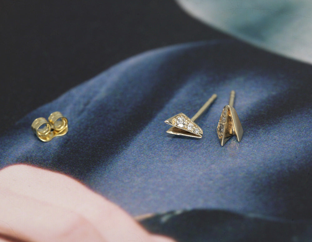 Blue background yellow gold diamond stud earrings from Fancy Edgy Collection by Bena Jewelry Montreal Jewels Handmade Made in Canada.
