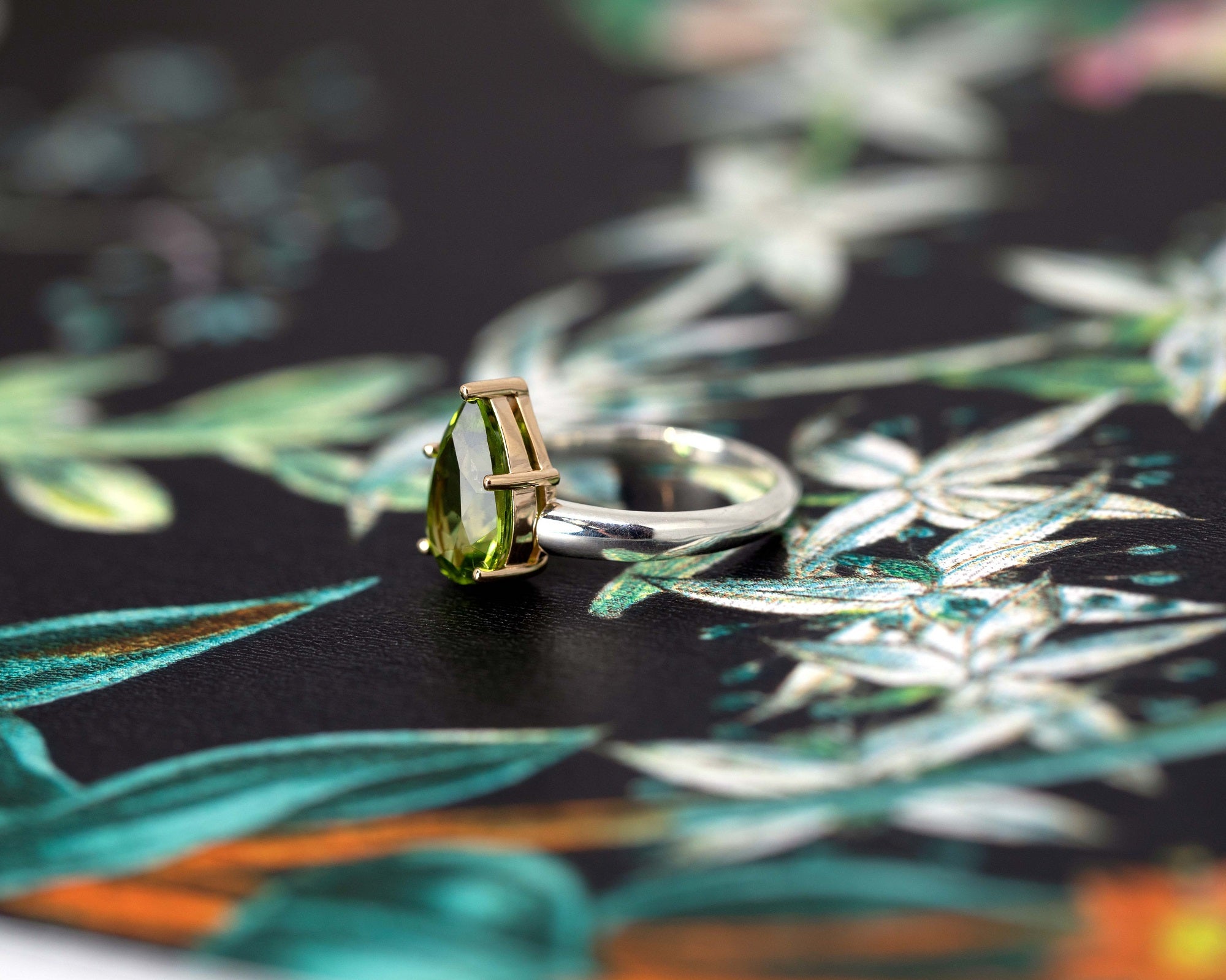 LARGE PEAR PERIDOT | Silver &amp; Yellow Gold Ring
