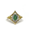 diamond halo and pear shape emerald gemstone bridal ring made in montreal yellow gold bena jewelry designer canada