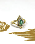 emerald diamond halo yellow gold engagement custom made by bena jewelry designer montreal