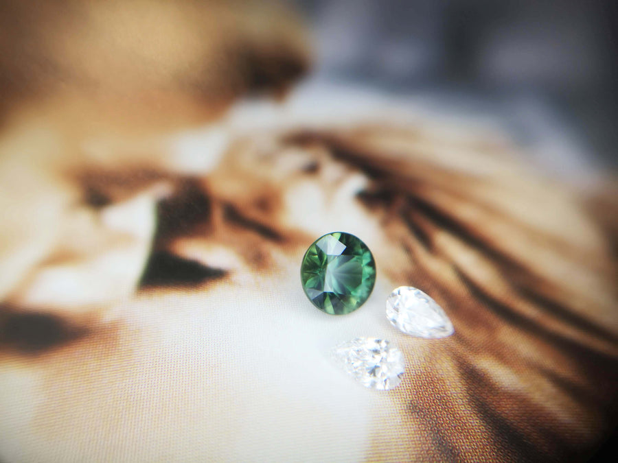 Round Green Sapphire & Pear Shape Diamond Ring