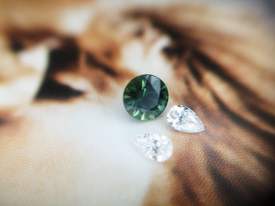 Round Green Sapphire & Pear Shape Diamond Ring