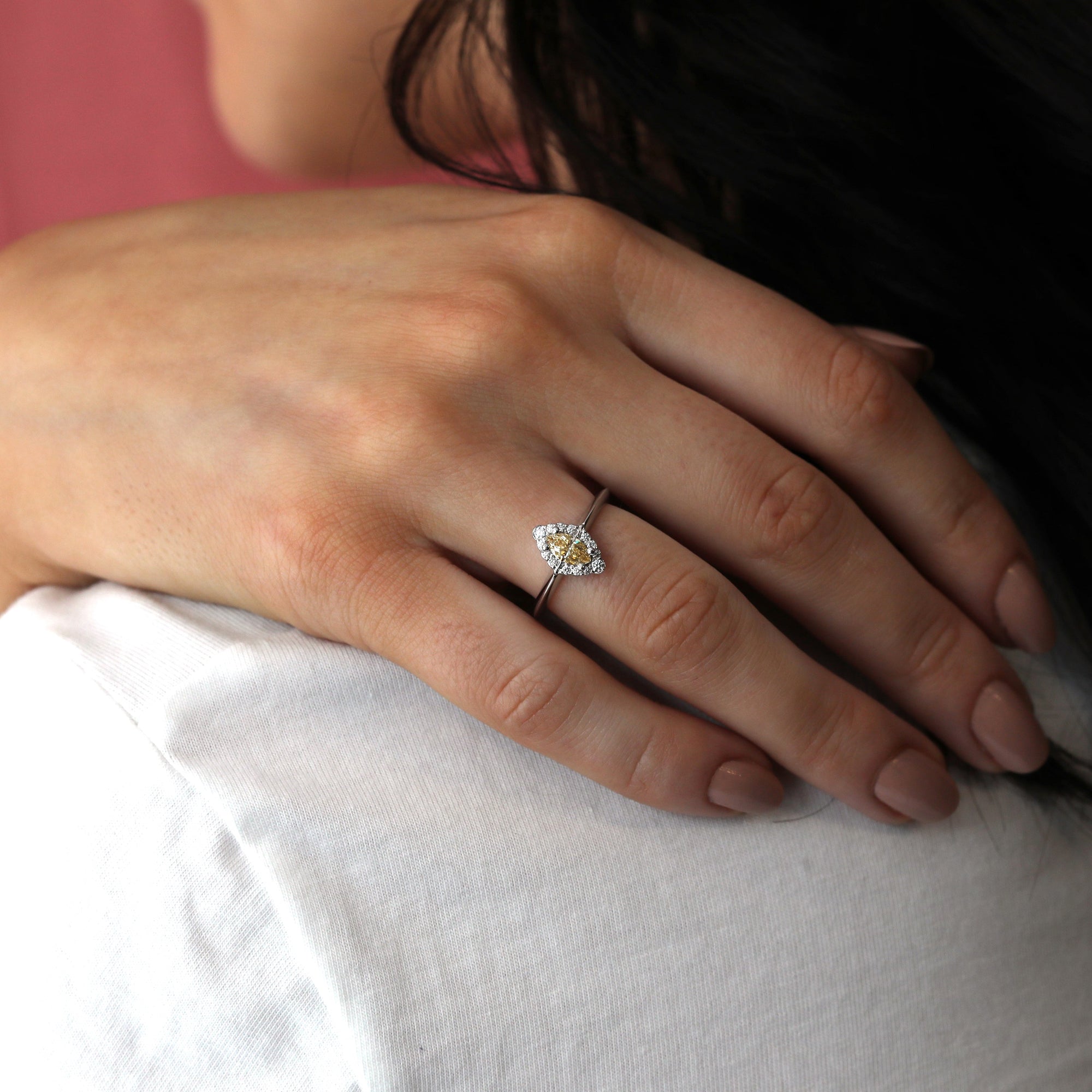 Girl wearing marquise shape yellow diamond engagement ring white gold fine jewelry bridal ring GIA certified natural diamond made in montreal canada fine edgy jewelry made to last for life