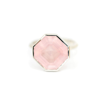 front view of octagon rose quartz bezel setting white gold statement unique ring made in montreal by bespoke designer bena jewelry on a white background
