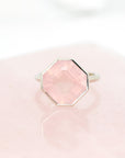bena jewelry rose quartz cocktail ring custom made jewellery in montreal in white gold on pink and white background