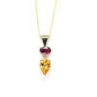 pear shape citrine and oval shape ruby gold pendant made in montreal by bena jewelry designer