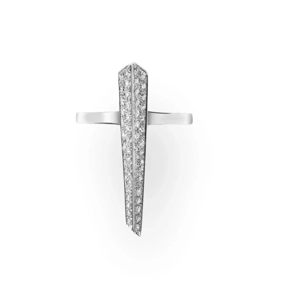 Diamond Pike Ring in 14 kt white gold, top view showing pavé setting with 0.34 ct of natural diamonds by Bena Jewelry.