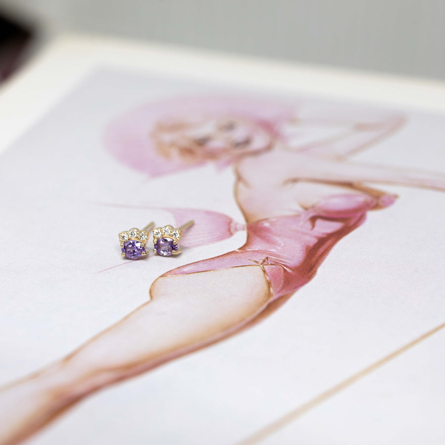 small oval shape purple sapphire gemstone gold studs bena jewelry design