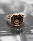 octagon smoky quartz rose gold custom made artisan jewellry montreal made on a dark background