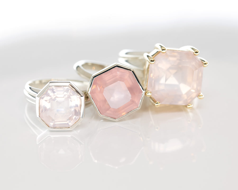 pink quartz statement cocktail ring made in montreal by bena jewelry designer bezel setting and prongs ring on a pink background