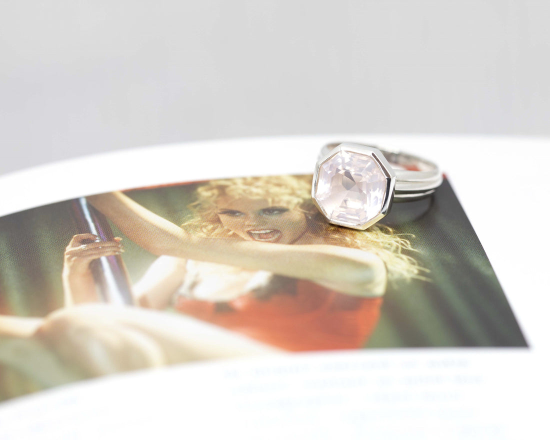 silver statement ring with a beautiful octagon rose quartz gemstone custom made by bena jewelry in montreal