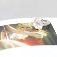 silver statement ring with a beautiful octagon rose quartz gemstone custom made by bena jewelry in montreal