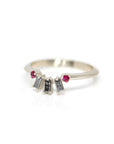 salt and pepper baguette diamond with round ruby gemstone on white gold custom made by bena jewelry designer montreal on a white background
