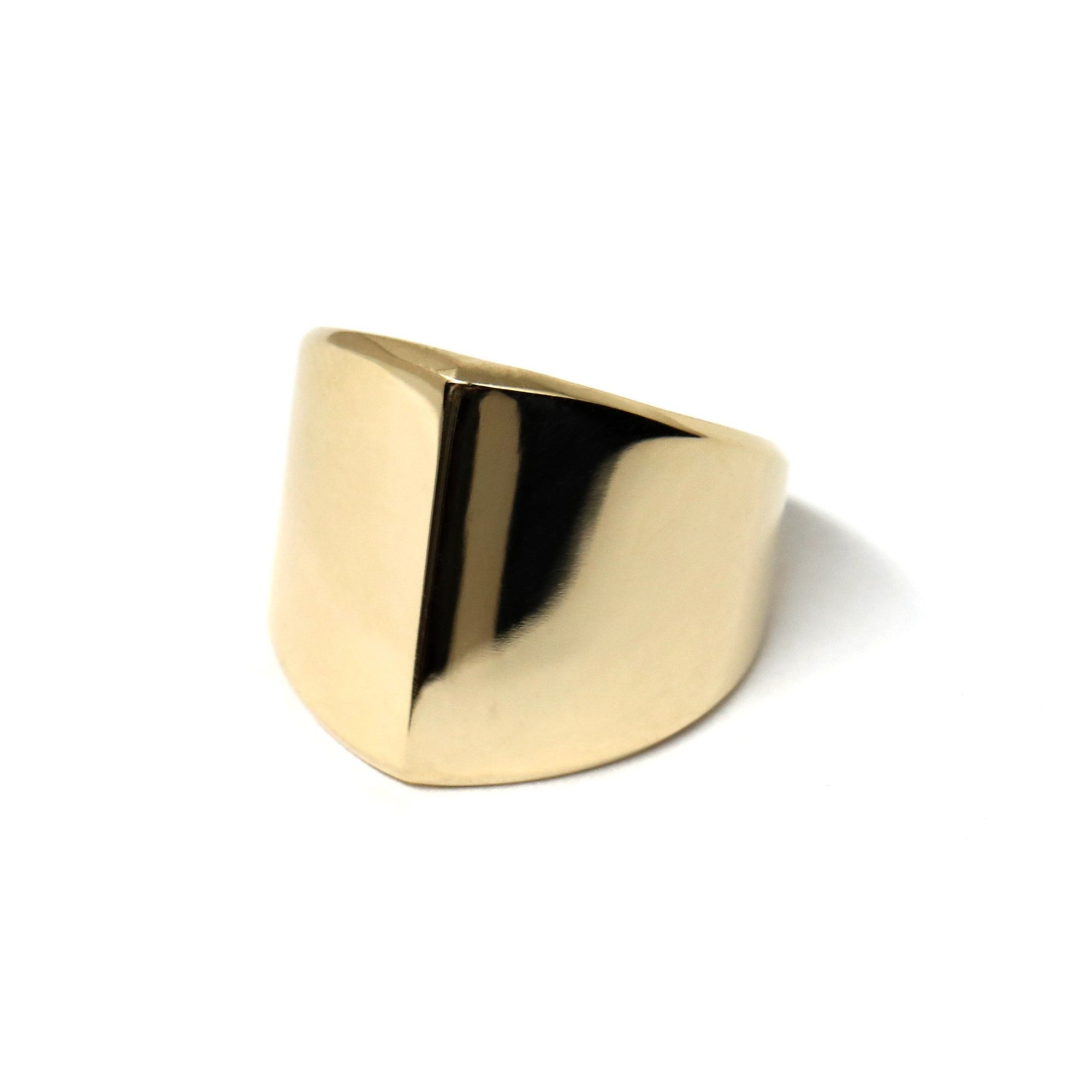 Solid Gold Boxy Ring on white background – A bold unisex ring with a minimalist boxy shape, crafted in solid yellow gold. Designed by Bena Jewelry in Montreal.