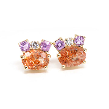Sunstone, Pink Sapphire & Diamond Gold Stud Earrings