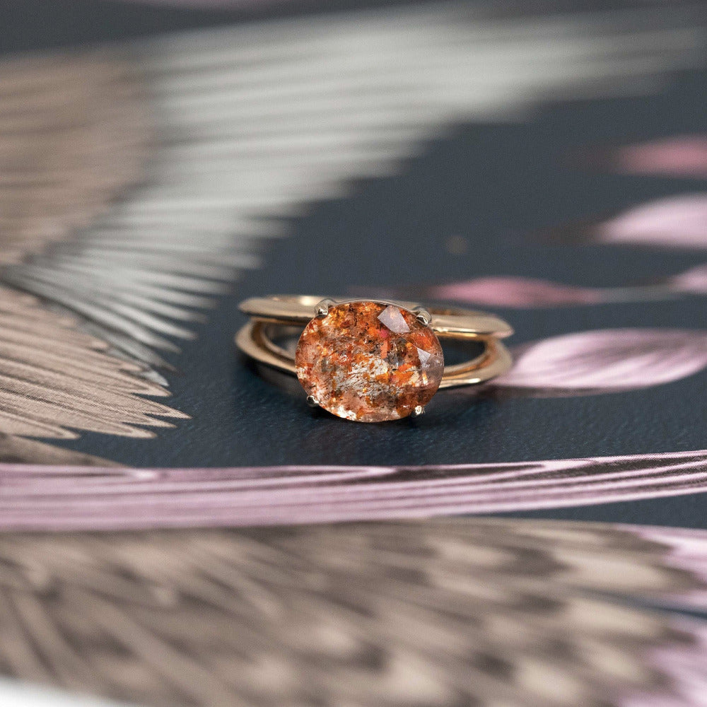 oval shape sunstone gemstone rose gold bridal ring montreal bena jewelry designer canada