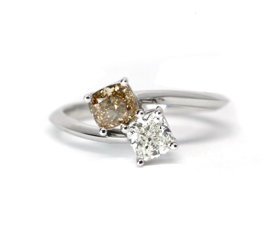 Double Cushion Diamond Ring on white background – A refined Toi et Moi engagement ring featuring white and brown cushion-cut diamonds in white gold. Handmade by Bena Jewelry in Montreal.