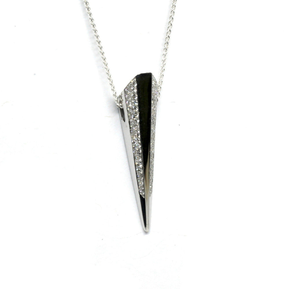 Diamond Pike Pendant in white gold, front view showcasing bold design and lateral diamond accents, crafted by Bena Jewelry in Montreal.