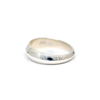 side view of white gold domed men wedding band made in montreal by the jewellery designer bena jewelry in montreal in collaboration with boutique ruby mardi jeweller on a white background